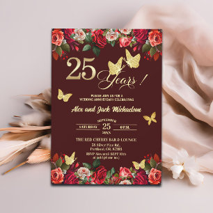 Elegant Floral Gold 25th Wedding Anniversary Invitation