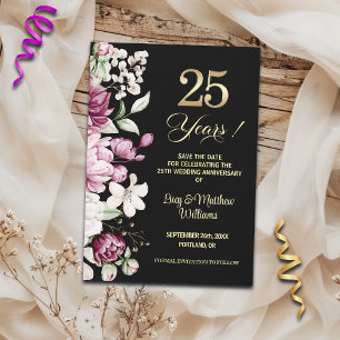Elegant Floral Gold 25th Wedding Anniversary   Save The Date
