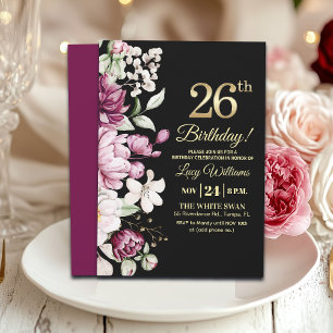 Elegant Floral Gold 26 Birthday Party Invitation