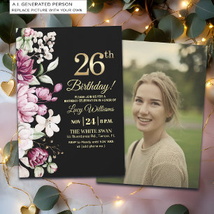 Elegant Floral Gold 26 Birthday Photo Invitation