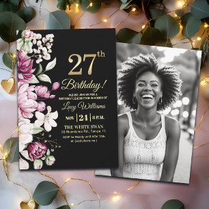 Elegant Floral Gold 27 Birthday Photo Invitation