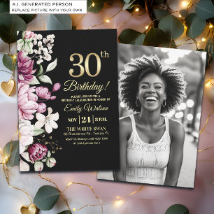 Elegant Floral Gold 30 Birthday Photo Invitation
