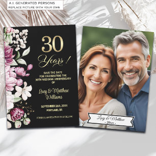 Elegant Floral Gold 30th Wedding Anniversary Photo Save The Date
