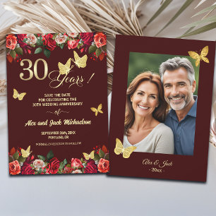 Elegant Floral Gold 30th Wedding Anniversary Photo Save The Date