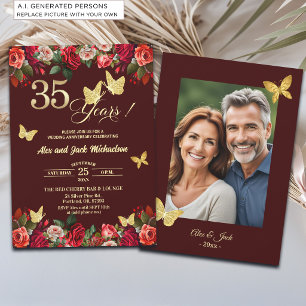 Elegant Floral Gold 35th Wedding Anniversary Photo Invitation