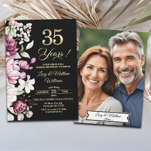 Elegant Floral Gold 35th Wedding Anniversary Photo Invitation