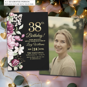 Elegant Floral Gold 38 Birthday Photo Invitation