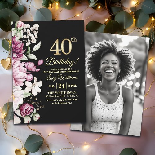 Elegant Floral Gold 40 Birthday Photo