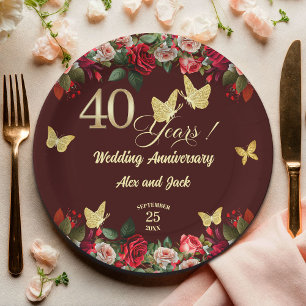 Elegant Floral Gold 40th Wedding Anniversary  Paper Plates