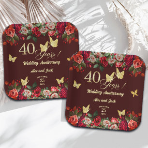 Elegant Floral Gold 40th Wedding Anniversary  Paper Plates
