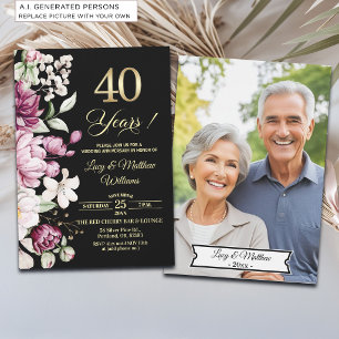 Elegant Floral Gold 40th Wedding Anniversary Photo Invitation