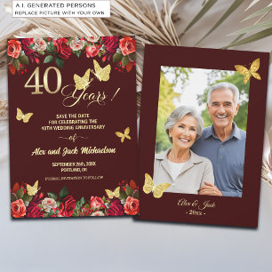 Elegant Floral Gold 40th Wedding Anniversary Photo Save The Date