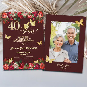 Elegant Floral Gold 40th Wedding Anniversary Photo Save The Date