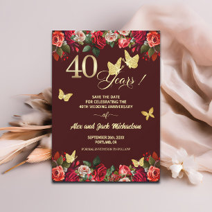 Elegant Floral Gold 40th Wedding Anniversary Save The Date