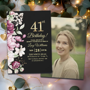 Elegant Floral Gold 41 Birthday Photo Invitation