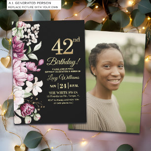 Elegant Floral Gold 42 Birthday Photo Invitation