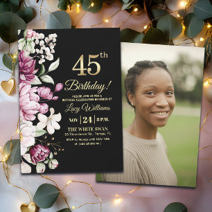 Elegant Floral Gold 45 Birthday Photo Invitation
