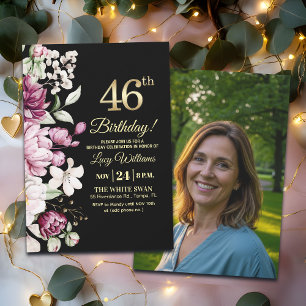 Elegant Floral Gold 46 Birthday Photo Invitation