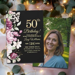 Elegant Floral Gold 50 Birthday Photo Invitation
