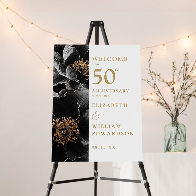 Elegant Floral Gold 50th Anniversary Welcome Sign (In Situ (Stand))