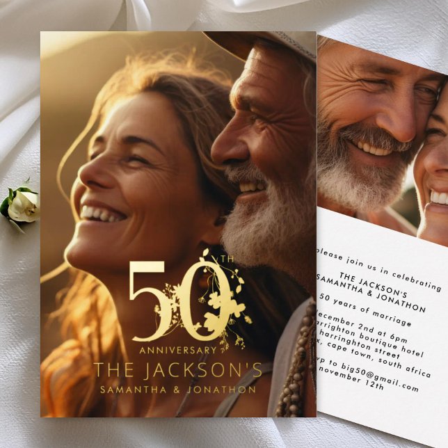 Elegant Floral Gold 50th Photo Wedding Anniversary Foil Invitation (Creator Uploaded)