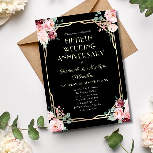 Elegant Floral Gold 50th Wedding Anniversary Invitation