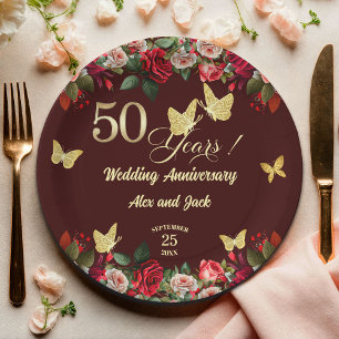 Elegant Floral Gold 50th Wedding Anniversary  Paper Plates
