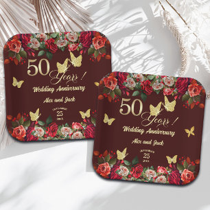 Elegant Floral Gold 50th Wedding Anniversary  Paper Plates