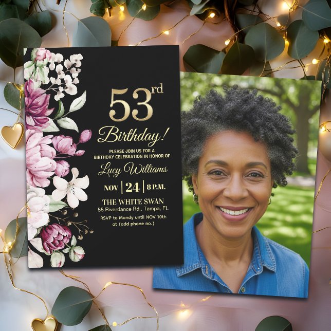 Elegant Floral Gold 53 Birthday Photo Invitation (Creator Uploaded)