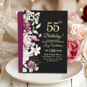 Elegant Floral Gold 55 Birthday Party Invitation