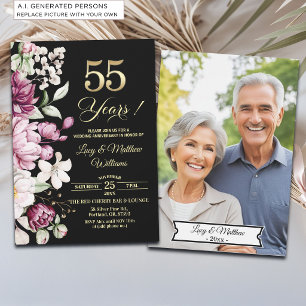 Elegant Floral Gold 55th Wedding Anniversary Photo Invitation