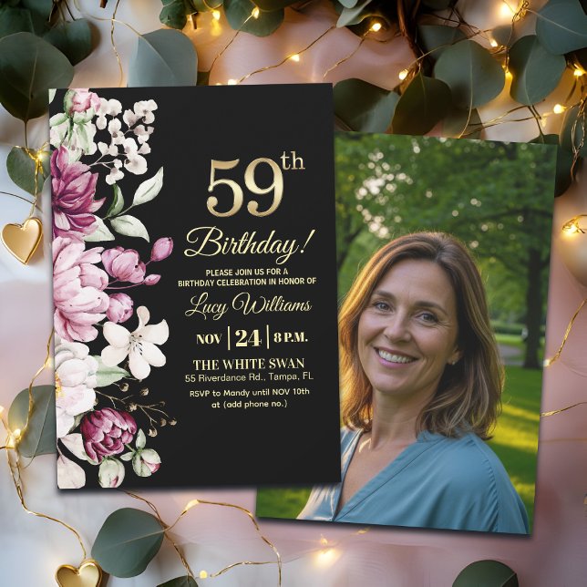 Elegant Floral Gold 59 Birthday Photo Invitation (Creator Uploaded)
