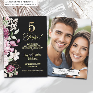 Elegant Floral Gold 5th Wedding Anniversary Photo Save The Date