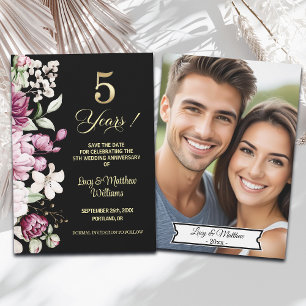 Elegant Floral Gold 5th Wedding Anniversary Photo Save The Date
