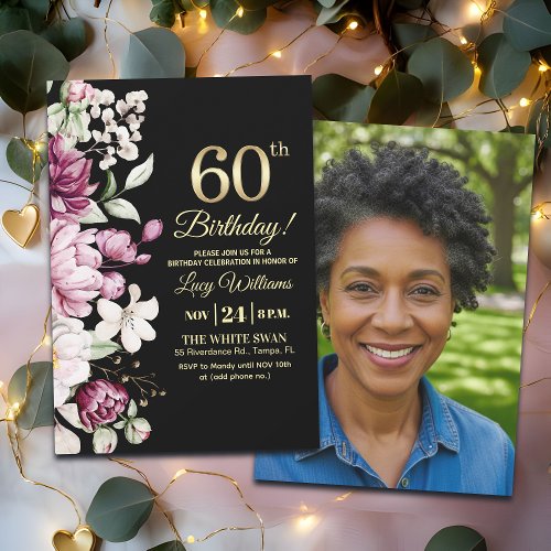 Elegant Floral Gold 60 Birthday Photo