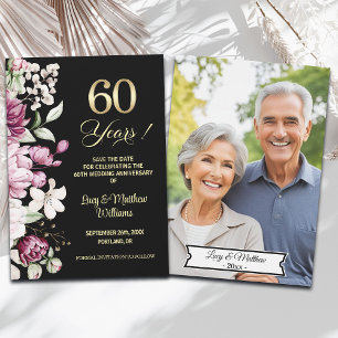 Elegant Floral Gold 60th Wedding Anniversary Photo Save The Date