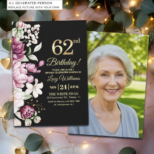 Elegant Floral Gold 62 Birthday Photo Invitation