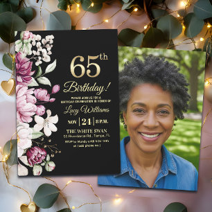Elegant Floral Gold 65 Birthday Photo Invitation