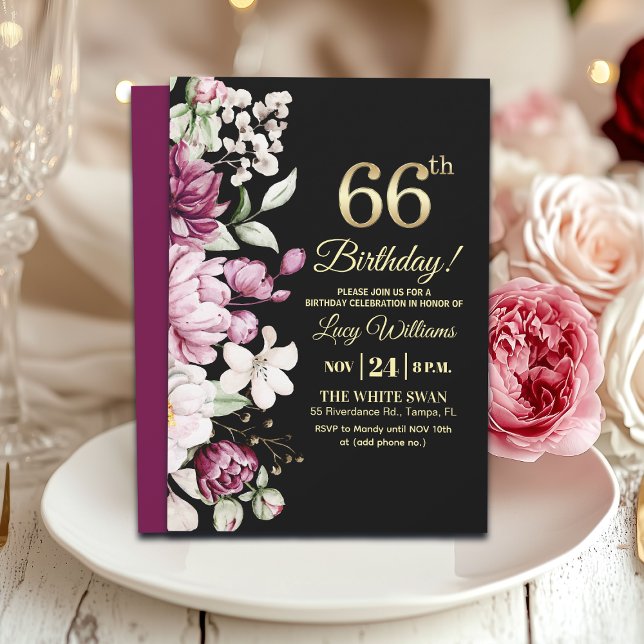 Elegant Floral Gold 66 Birthday Party Invitation (Creator Uploaded)