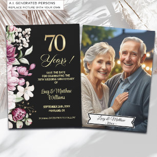 Elegant Floral Gold 70th Wedding Anniversary Photo Save The Date