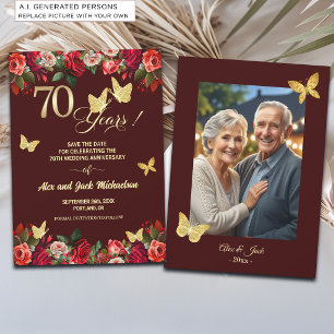 Elegant Floral Gold 70th Wedding Anniversary Photo Save The Date
