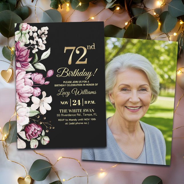Elegant Floral Gold 72 Birthday Photo Invitation (Creator Uploaded)