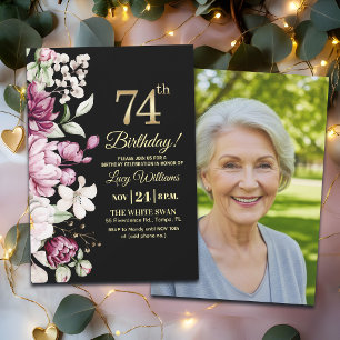 Elegant Floral Gold 74 Birthday Photo Invitation