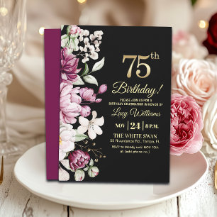 Elegant Floral Gold 75 Birthday Party Invitation