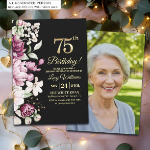 Elegant Floral Gold 75 Birthday Photo Invitation
