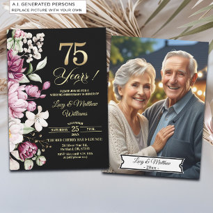 Elegant Floral Gold 75th Wedding Anniversary Photo Invitation