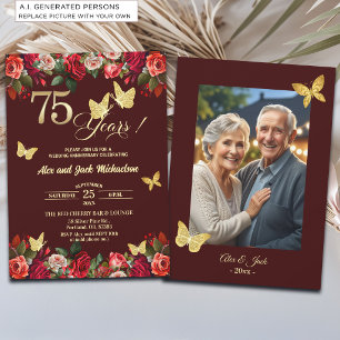 Elegant Floral Gold 75th Wedding Anniversary Photo Invitation