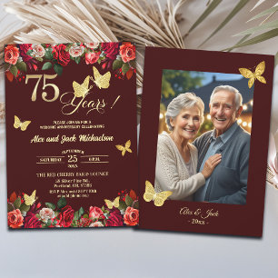 Elegant Floral Gold 75th Wedding Anniversary Photo Invitation