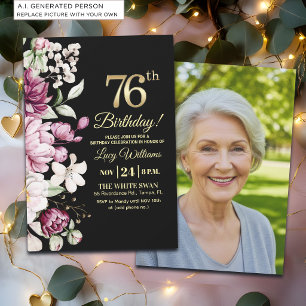 Elegant Floral Gold 76 Birthday Photo Invitation