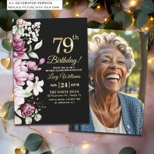 Elegant Floral Gold 79 Birthday Photo Invitation